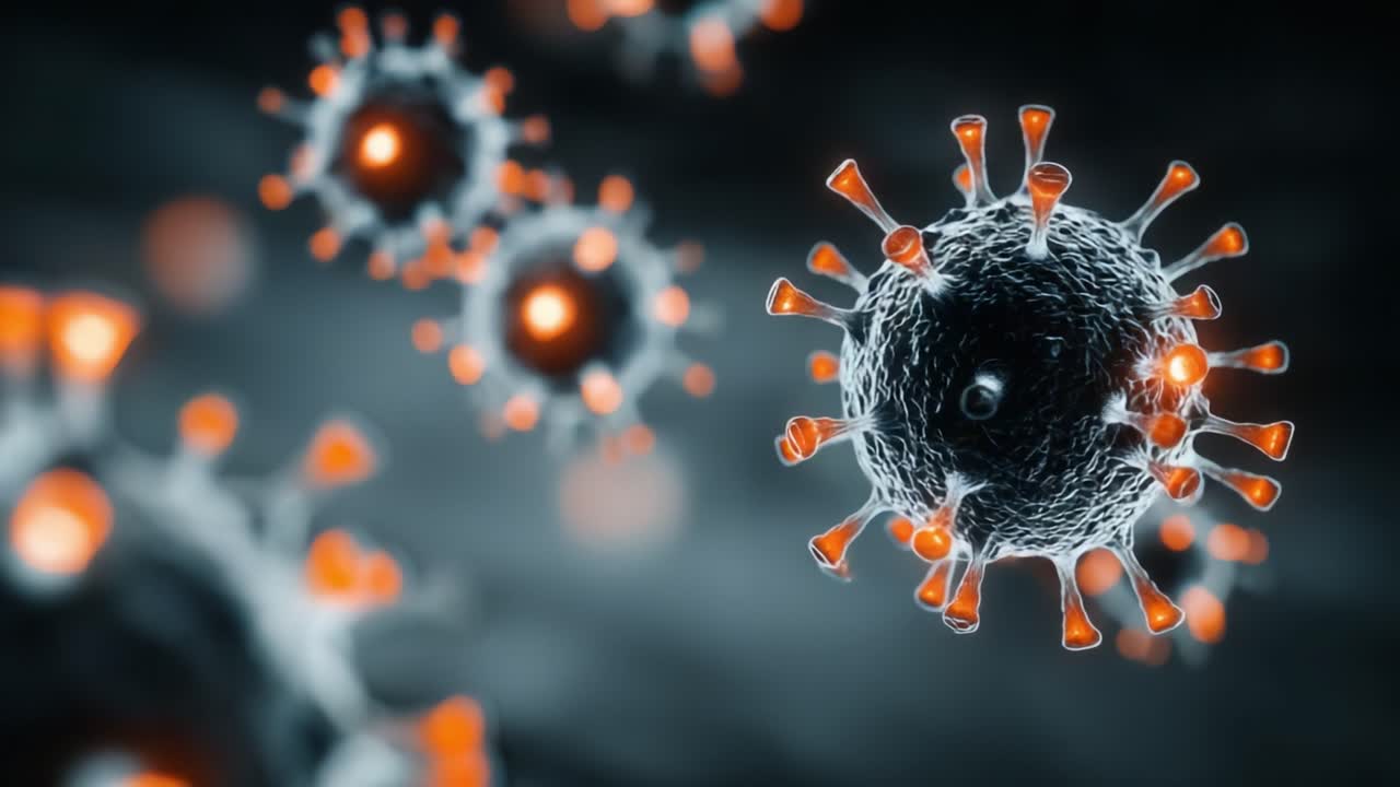 Visualizzazione dettagliata di virus al microscopio: Immagini ad alta risoluzione che mostrano strutture e caratteristiche virali con intricati effetti di luce e colorazione migliorata.