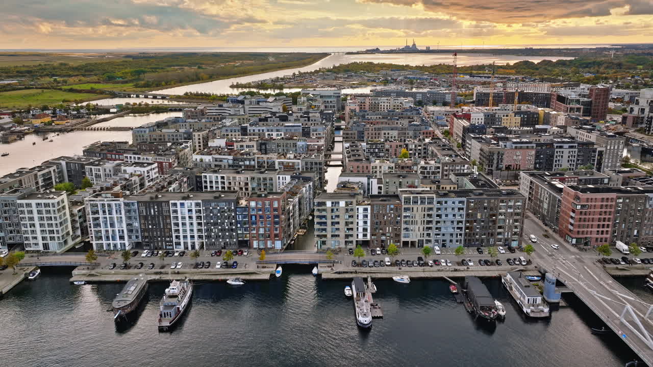 Aerial drone view of the Teglholmen peninsula in the South Harbour of Copenhagen, Denmark