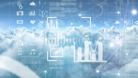 animation of diverse data processing on digital screen over moving clouds