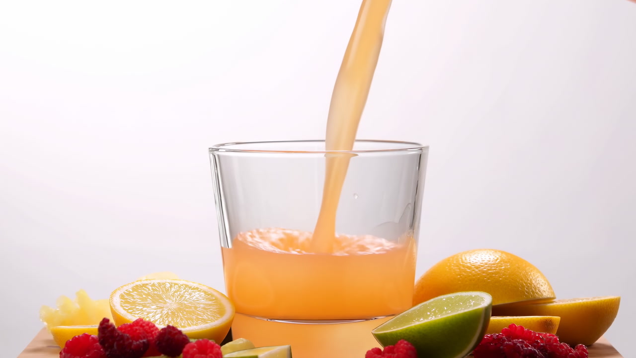 Fresh Orange Juice Pouring Into Glass With Lime, Lemon, Pineapple And Raspberries On Wooden Board Bright
