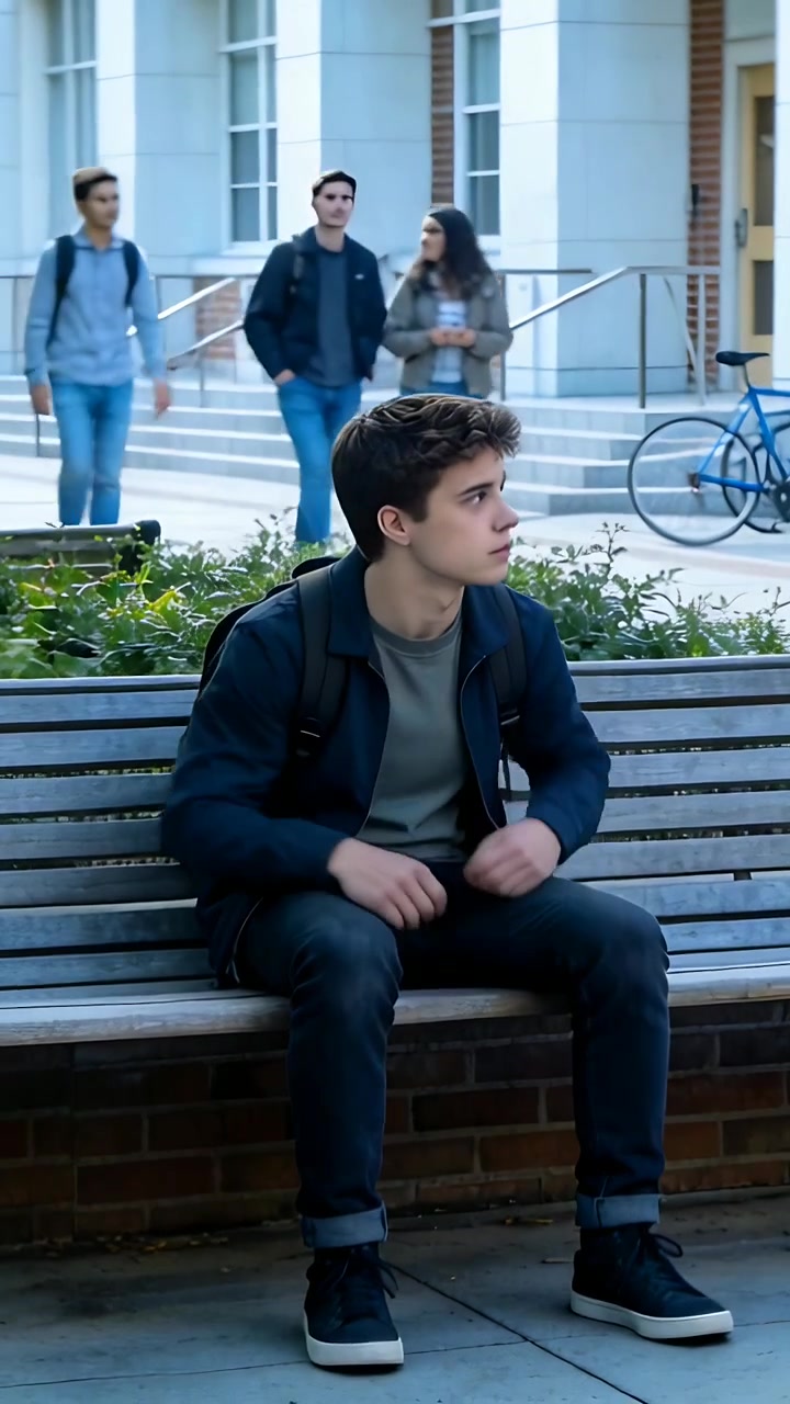 Video verticale: Un passante che rivela un adolescente che sistema lo zaino su una panchina del campus, con una bicicletta parcheggiata.