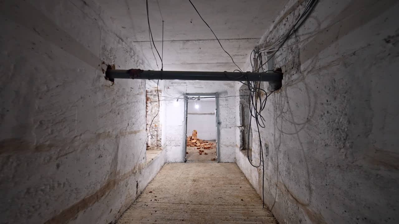 Movement by a long corridor with bare walls and some wires hanging from the ceiling. Entering the well-lit room with added brick wall in the middle.