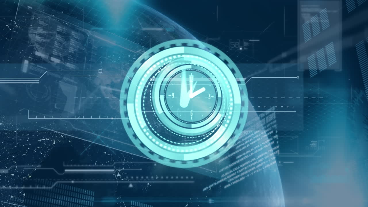 Animation einer sich bewegenden Uhr über einem Globus, Verbindungen und Datenverarbeitung auf blauem Hintergrund.