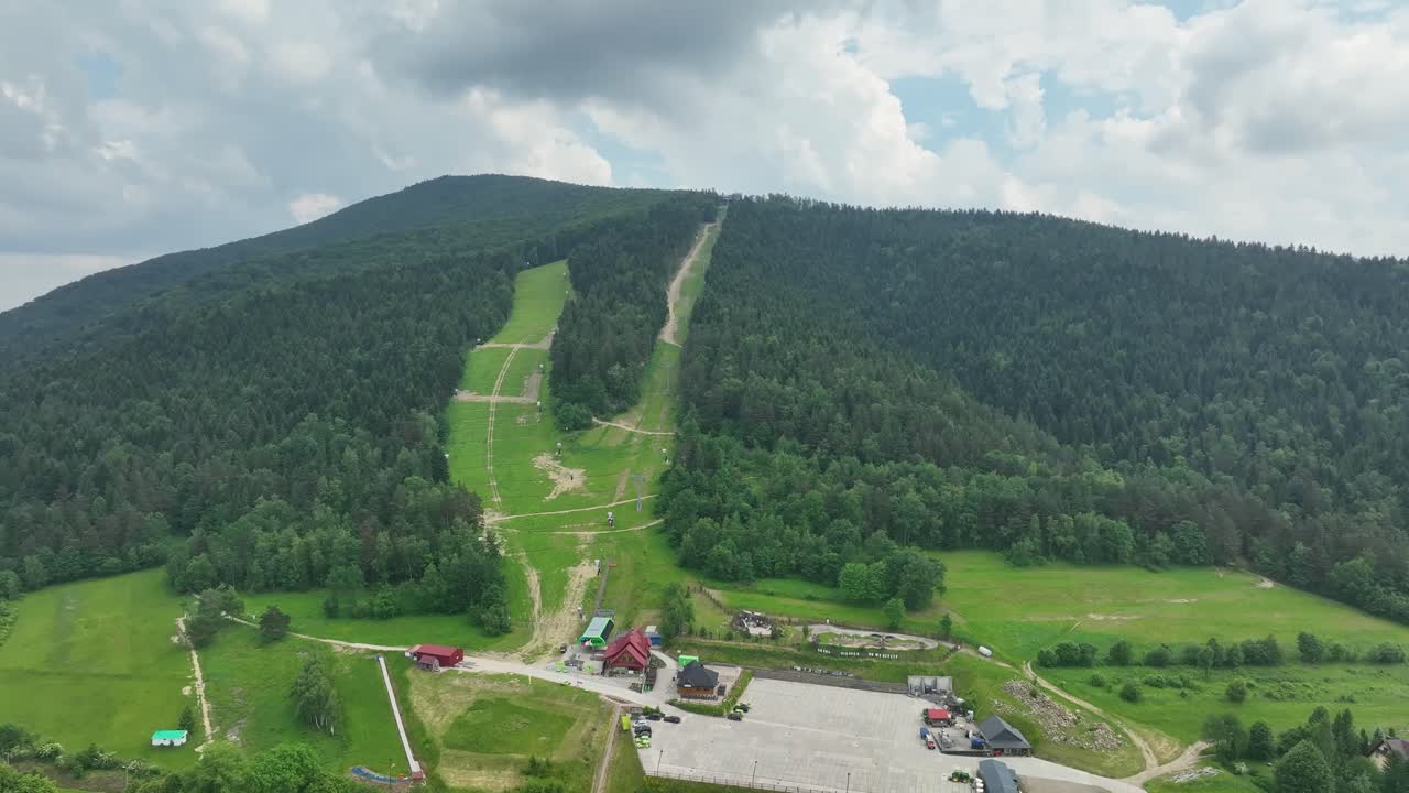 Aerial view of Kasina Ski and Bike park resort in Poland on summer day