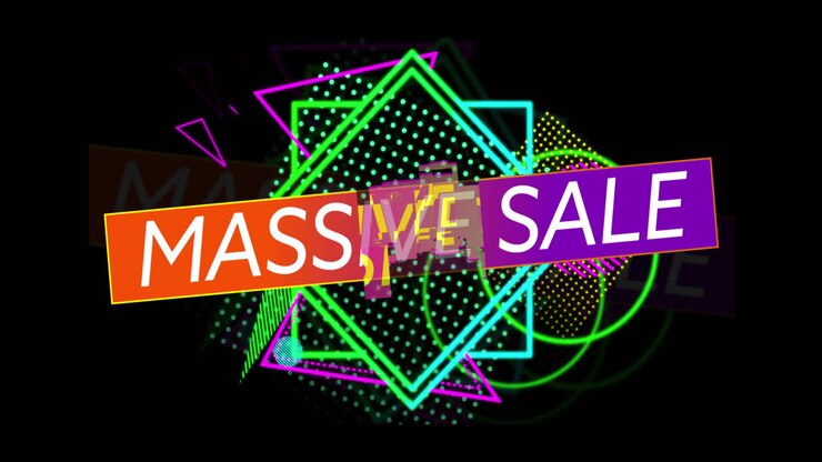 Testo "Mega Saldi" retrò su nastro sopra forme al neon 4K