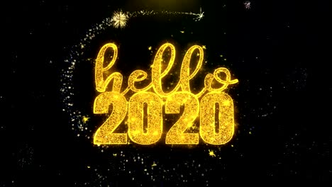 hello 2020 text wish on gold particles fireworks display.