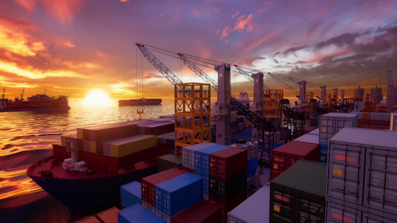 Shipping Containers In Port With Sunset