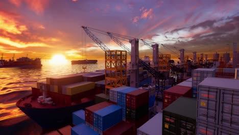 shipping containers in port with sunset