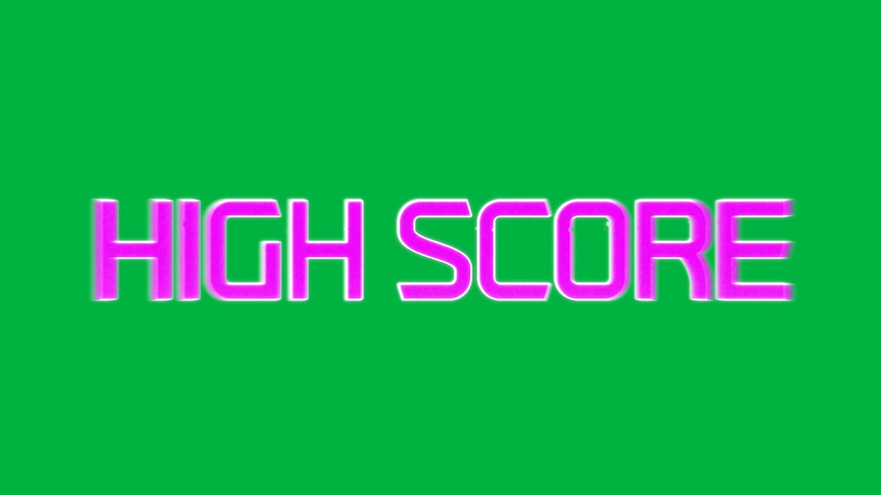 Gocce scintillanti di punti magenta che formano HIGH SCORE, che si trasformano e brillano, rivelando neon su trasparente.