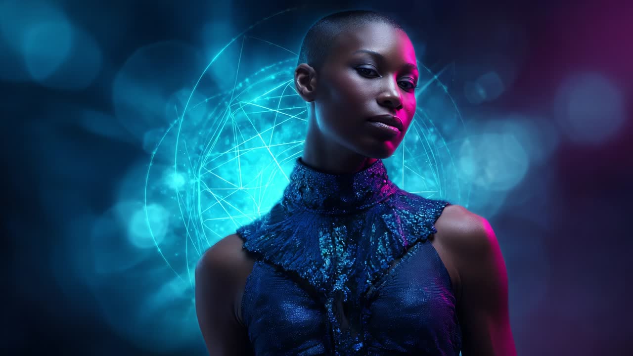 A captivating portrait of a striking model with a shaved head, adorned in a shimmering dark outfit that radiates elegance, set against an ethereal backdrop of vibrant blue and purple lighting, creating an otherworldly atmosphere