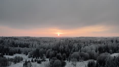 aerial view of vibrant winter sunset over a frozen snow covered forest in apocalyptic scenery mood over the countryside landscape. hoar on trees.