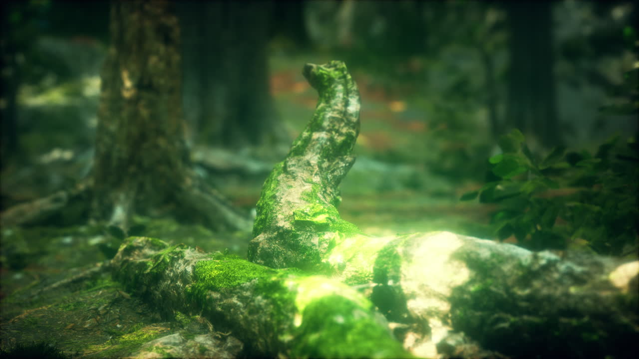 árboles viejos con liquen y musgo en el bosque verde