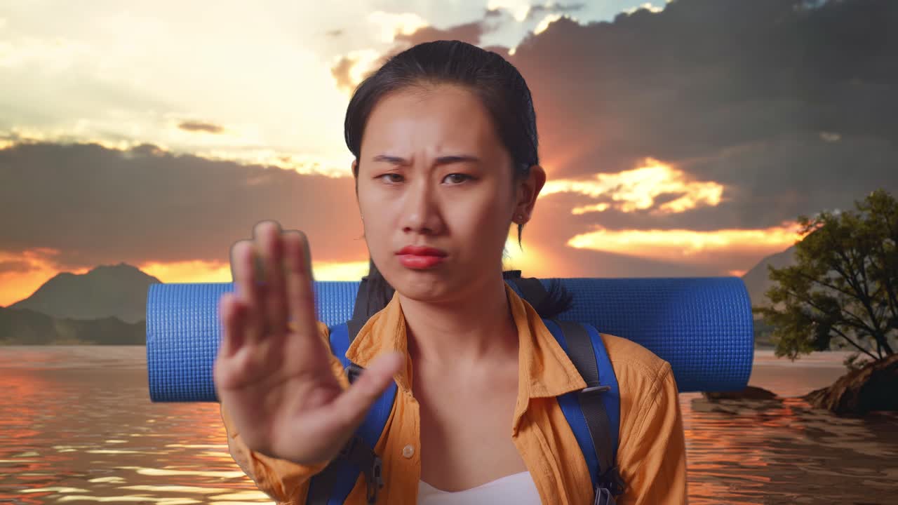 Close Up Of Asian Female Hiker With Mountaineering Backpack Looking At Camera And Making Stop Hand Sign While Standing At A Lake During Sunset Time