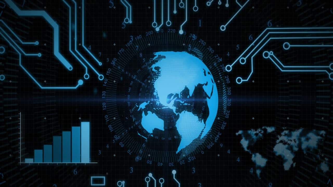 Animation of scope scanning and data processing with globe on black background