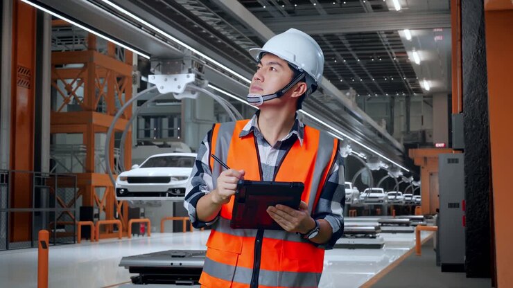 Engineer Inspecting Cars on an Assembly Line