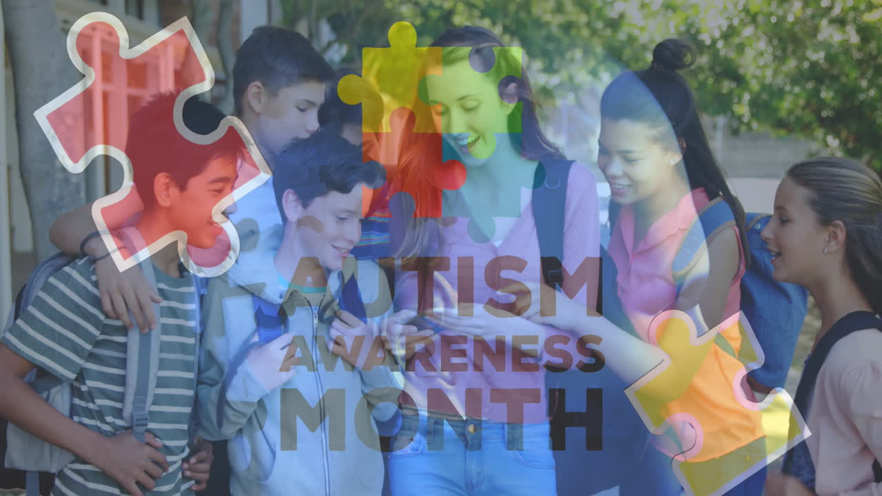 자폐증 인식 달의 애니메이션: 행복한 다양한 친구에 대한 텍스트와 퍼즐 조각