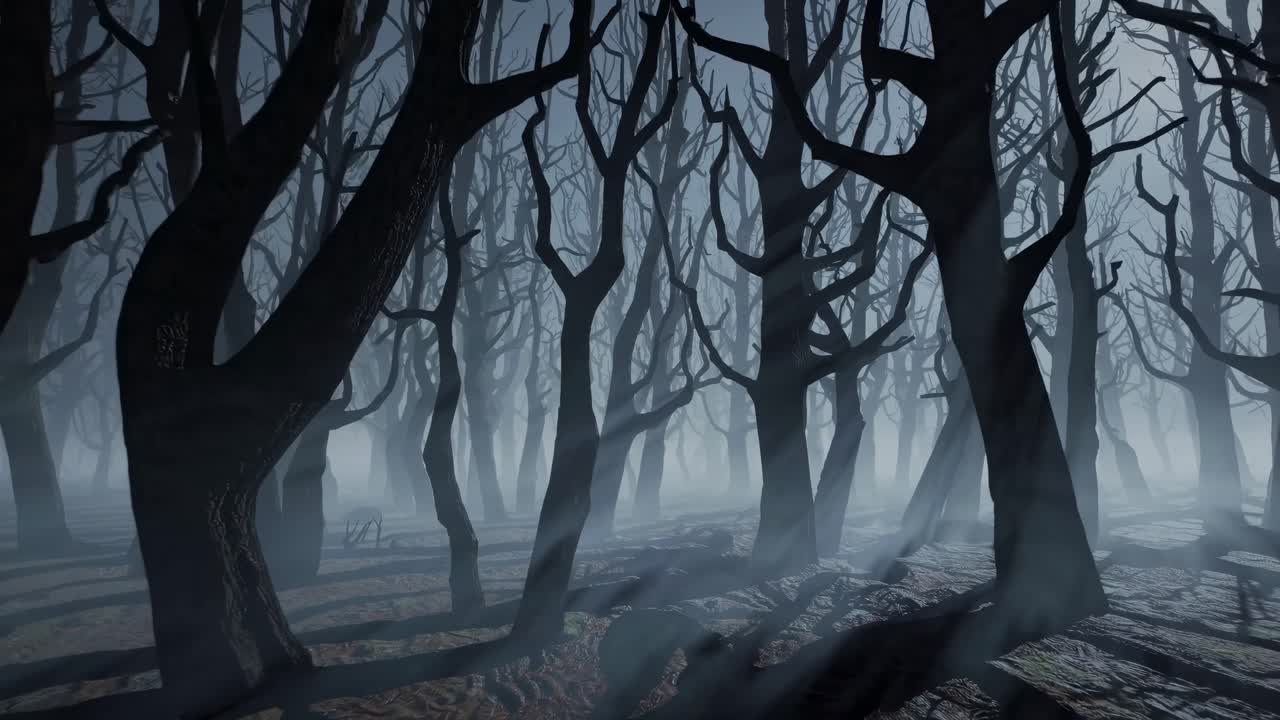 Eerie forest scene with twisted trees and fog, captured from a low-angle, cinematic style, perfect