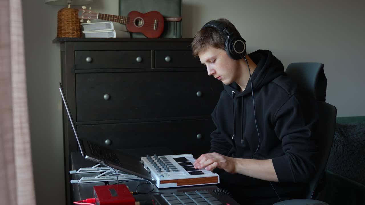 Nuori mies soittaa MIDI-koskettimistoa ja luo musiikkia keskittyneesti ja rauhallisesti