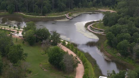 aerial of large pond in houston memorial park