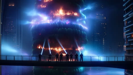 people observe a glowing tower in a futuristic city