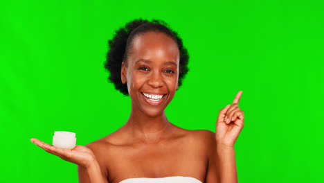 Green-screen,-skincare-and-black-woman-point