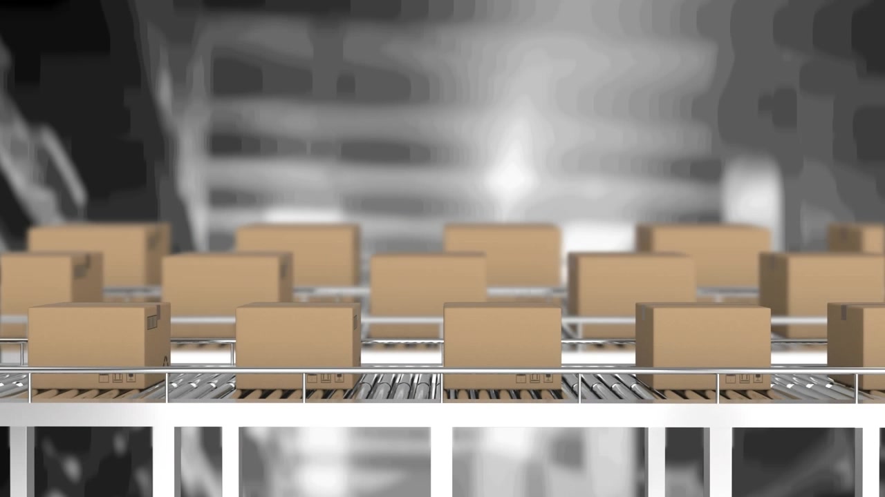 Animation of cardboard boxes on conveyor belts over warehouse