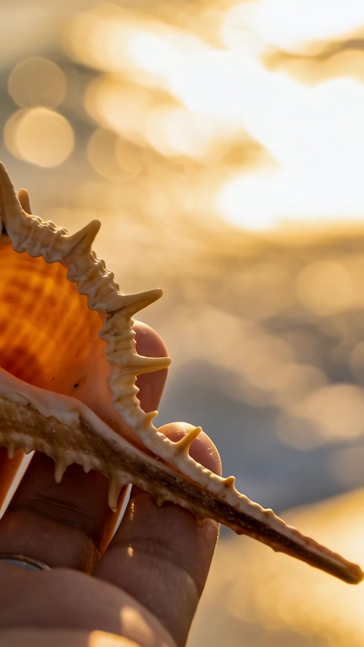 Vertical video: Tilting hand angling spiny shell at shore as sun dipping showing warm core and ring