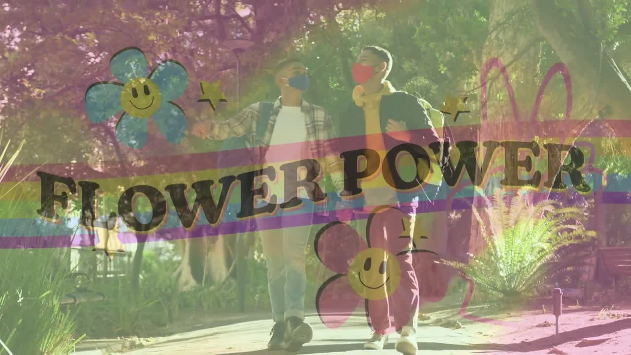 animación de texto de energía floral con arco iris y flores sobre una feliz pareja gay masculina con máscaras faciales