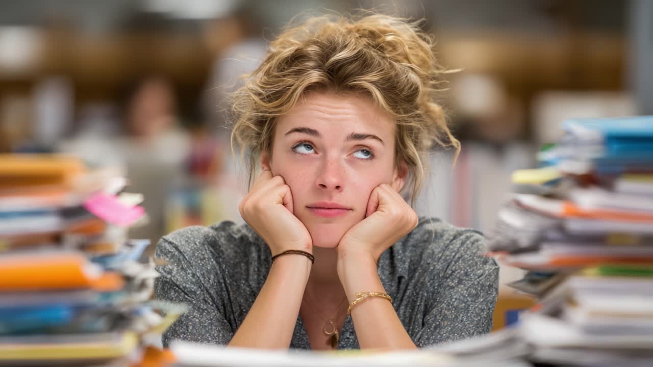 A Young Woman Sits at a Desk Surrounded by Piles of Papers, Expressing Frustration and Boredom, Capturing a Moment of Overwhelm in a Busy Workspace Environment