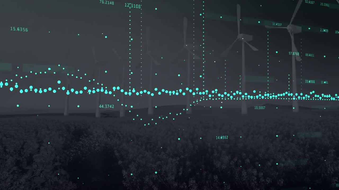 Animation of financial data processing over wind turbines