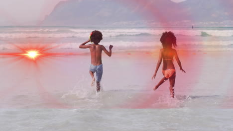 running into ocean waves, people with glowing animation effect on their backs