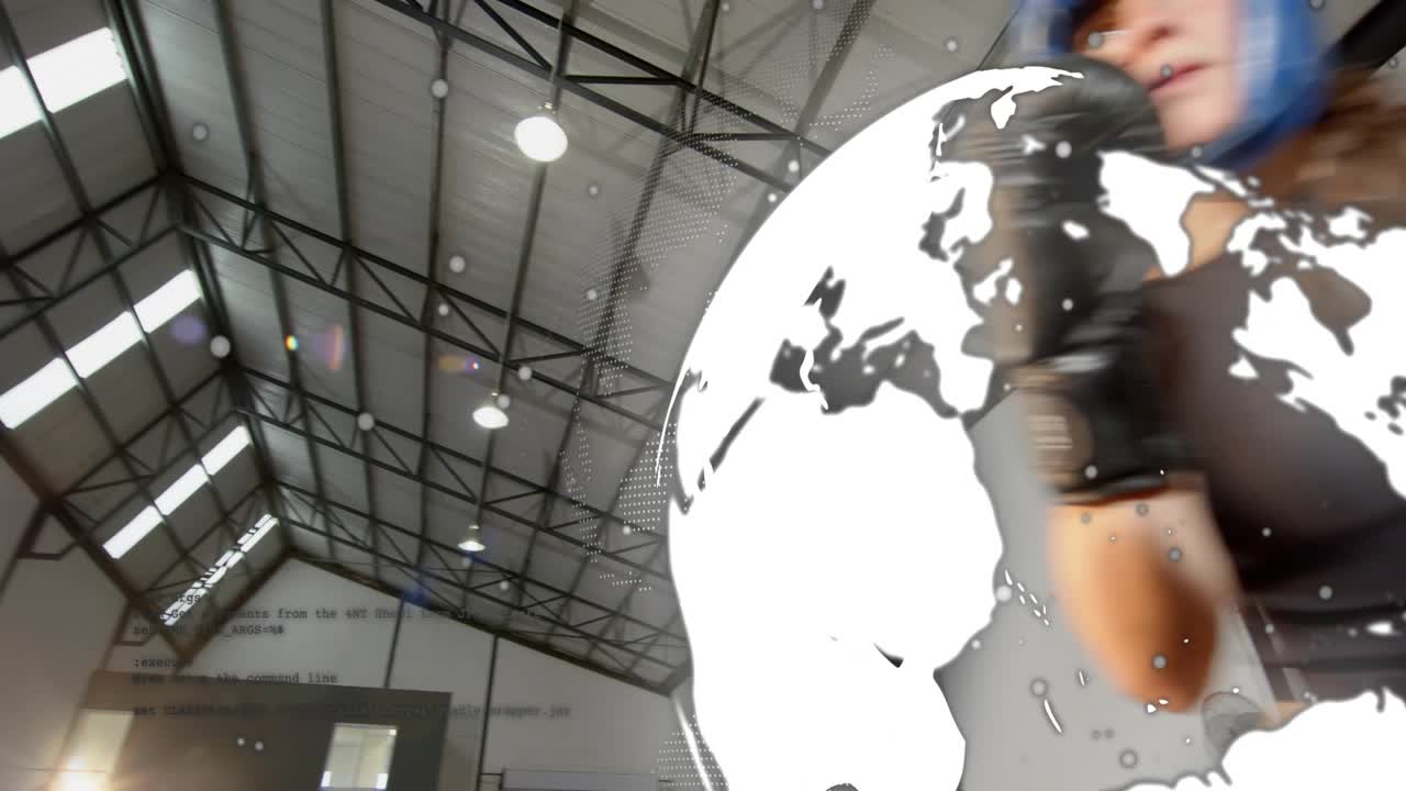 Female boxer entering and raising fists, training boxing gym while globe overlay obscuring fighters