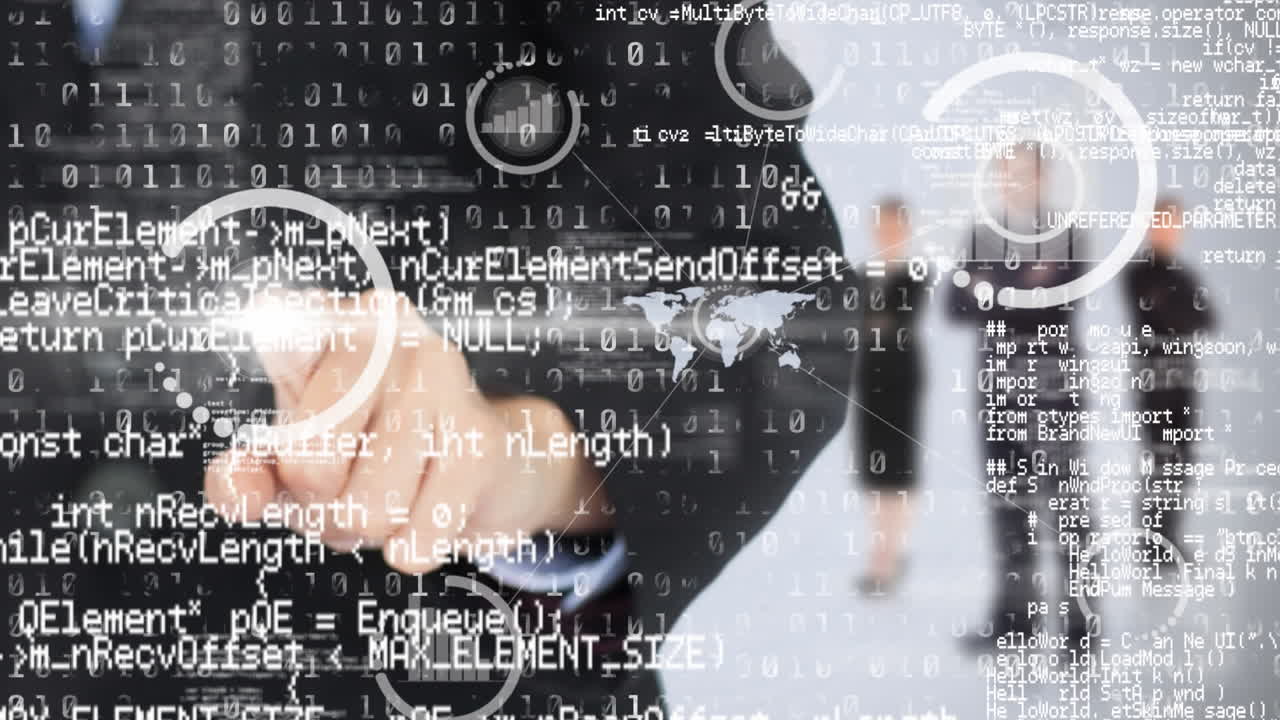 데이터 처리 및 바이너리 코딩의 애니메이션 비즈니스맨이 만지는 인터랙티브 스크린