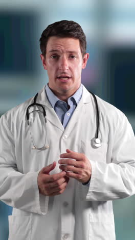 retrato de un médico caucásico hablando mirando a la cámara contra el hospital en el fondo