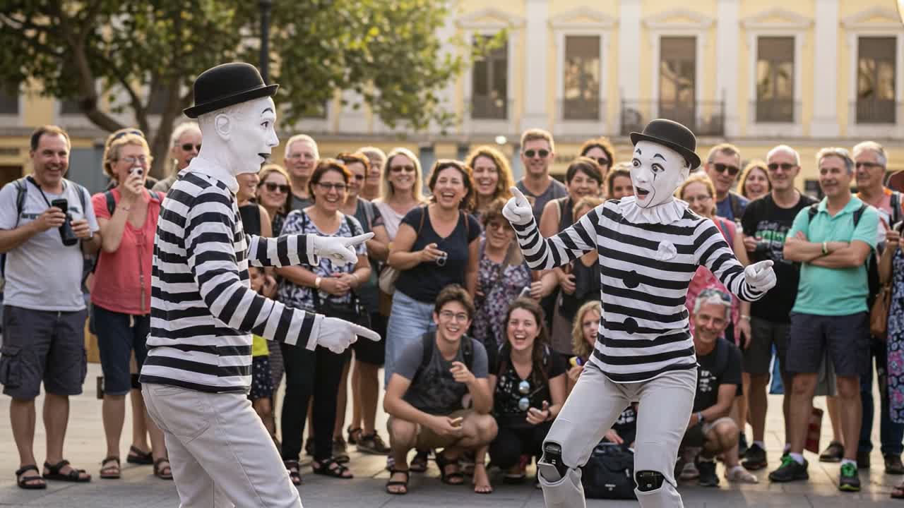 Spectacular Performance by Two Mime Artists Captivating an Enthralling Audience in a Vibrant Outdoor Setting, Showcasing Talent and Laughter in Perfect Harmony