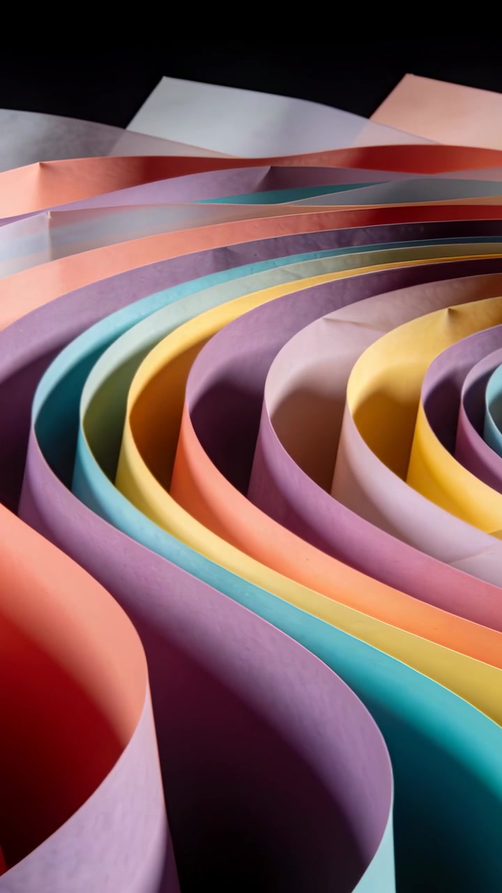 Vertical video: Moving camera across pastel paper ribbons revealing spiral center on table, shadows
