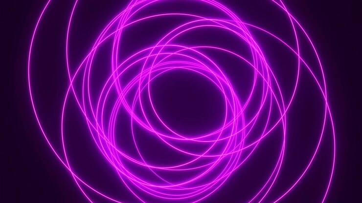 Anillos de neón magenta giratorios formando un vórtice, bucles concéntricos que pulsan con un brillo intenso, hipnótico retrofuturista