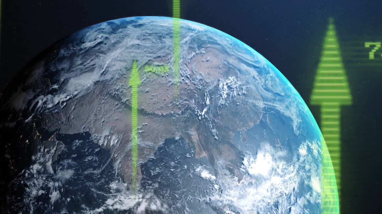 디지털 데이터 처리의 애니메이션과 어두운 배경에 지구상의 화살표