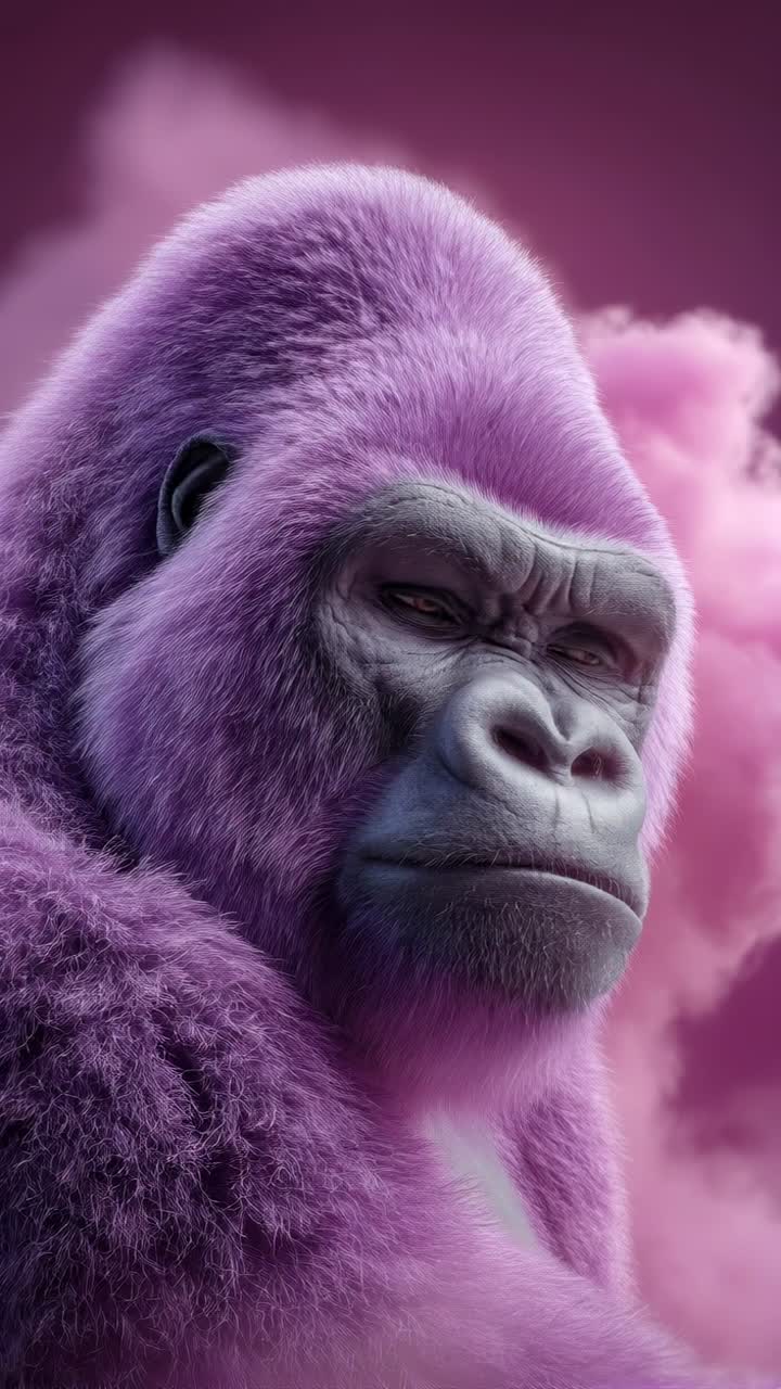 Pink gorilla closeup with soft fur on dreamy background