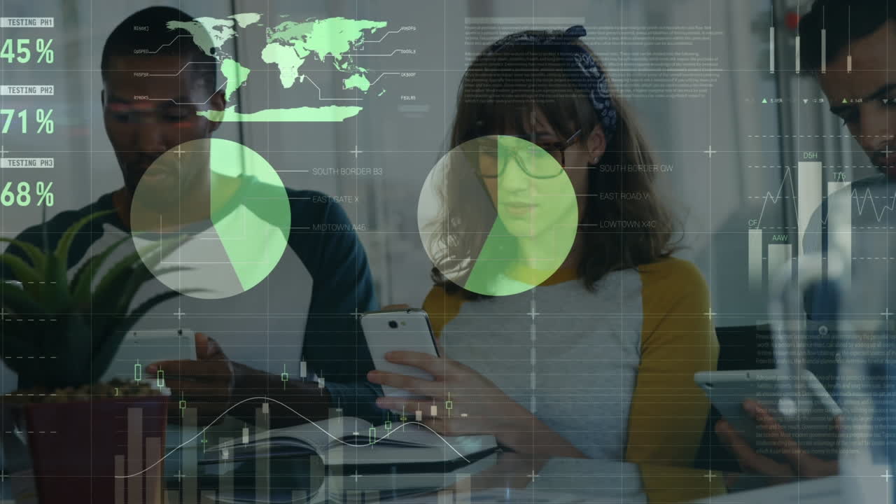 Animation of statistical data processing over diverse colleagues using electronic devices at office