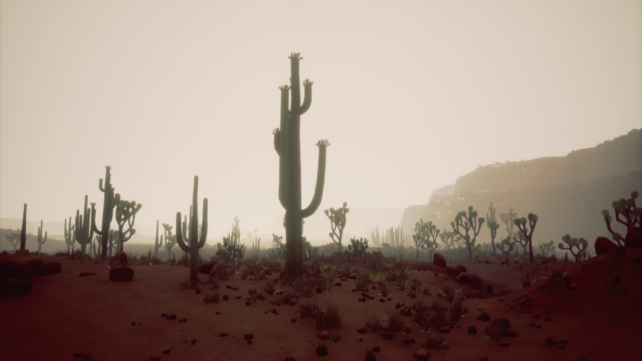 Desert landscape at twilight illuminated by soft light against silhouettes