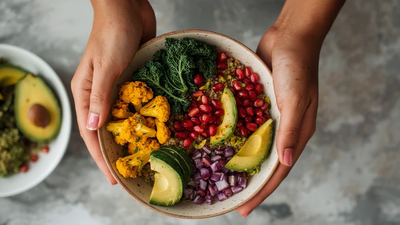 Lifting ceramic bowl holding vibrant cauliflower kale salad from grey countertop, serving lunch