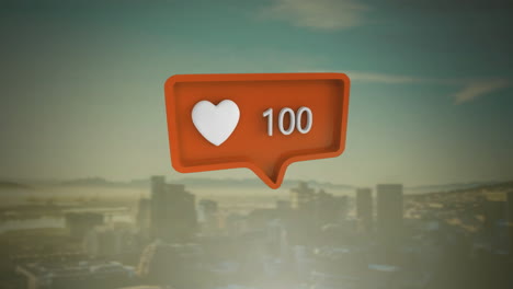 animación de burbuja de habla con icono de corazón y números que crecen sobre el paisaje urbano
