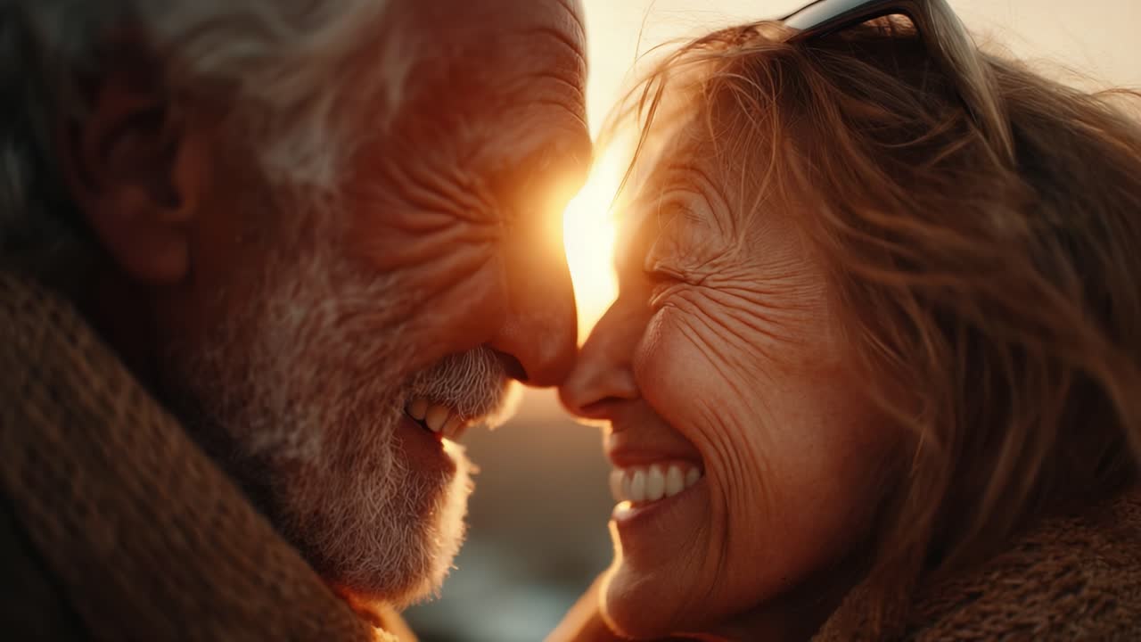 Un momento commovente tra due anziani al tramonto, che cattura la profondità del loro affetto attraverso sorrisi genuini e una connessione intima
