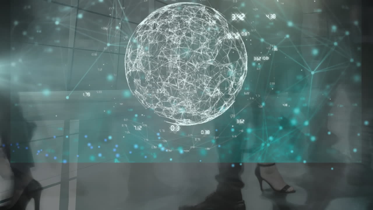 animación del procesamiento de datos financieros sobre personas de negocios caminando