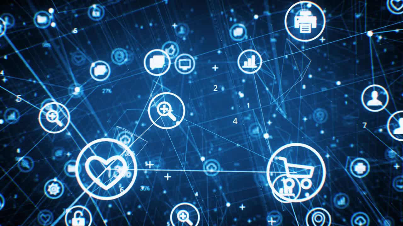 hermosos iconos en la cuadrícula de red abstracta sin problemas. volar a través de los datos de internet y enlaces de redes sociales bucle animación 3d. interfaz digital. concepto de tecnología.