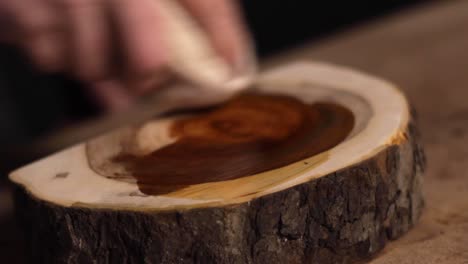 close up of a hand staining a sliced log of wood with bark on the outside and rings showing the age