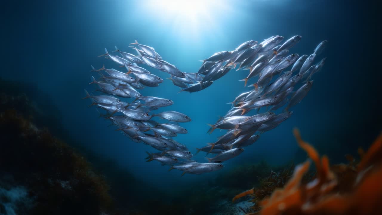 Due incantevoli inquadrature di un banco di pesci a forma di cuore che nuotano con grazia sott'acqua, illuminati dai raggi del sole, che mostrano la vita marina e la sua bellezza