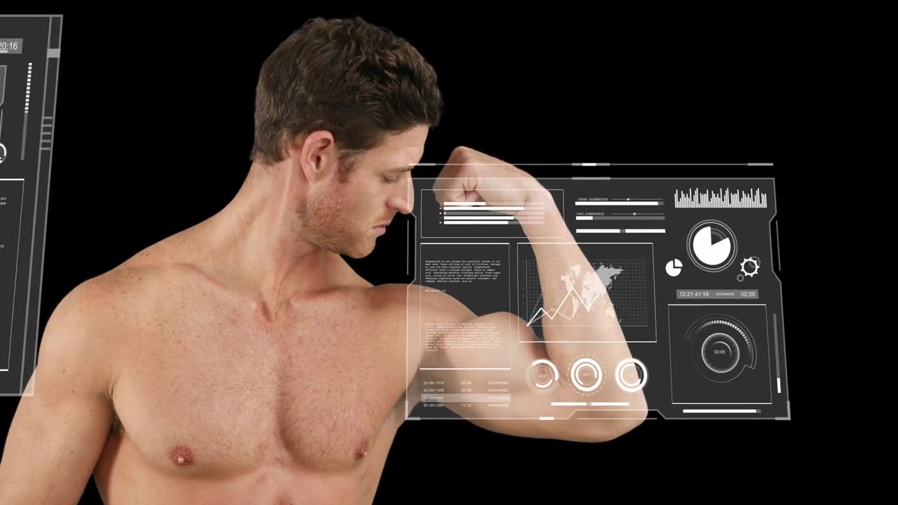 Modello maschile che flette il bicipite destro, con pannelli UI che scorrono, si muovono sul braccio e mostrano grafici di fitness