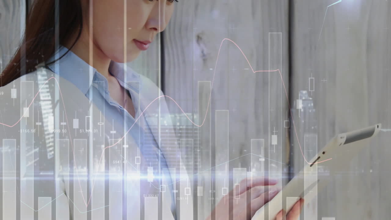 Analyzing financial data, businesswoman using graphs and charts in office animation